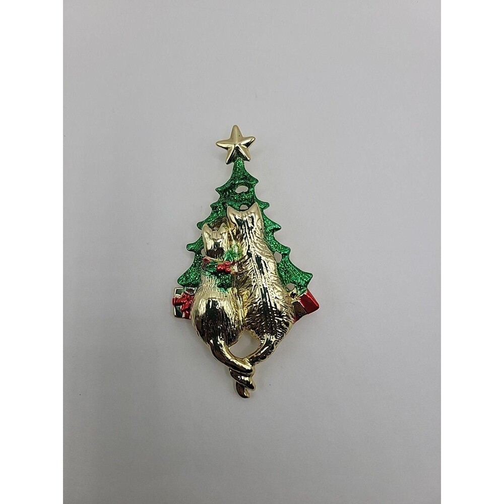 Vintage‎ AJC Christmas Cats Brooch: Gold Tone Glitter Enamel Tree Pin - Picture 7 of 10